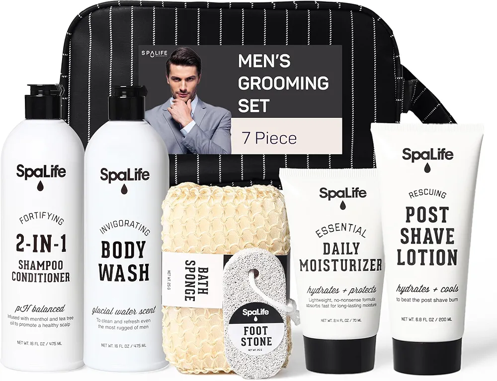 SpaLife 7-Piece Bath and Body Men Grooming Gift Set - 2-in-1 Shampoo & Conditioner, Body Wash, Daily Moisturizer, Post-Shave Lotion, Bath Sponge & Foot Stone for Luxurious At-Home Spa