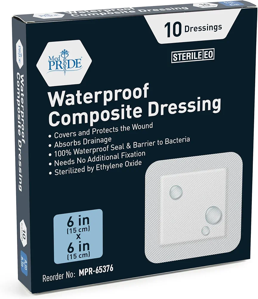 MED PRIDE Waterproof Composite 6’’ x 6’’ Wound Dressing Pads- 10-Pack, Sterile, Individually Wrapped- for Men/Women- for Pressure Ulcers, Post Op Trauma-Injury-Medium Absorbency