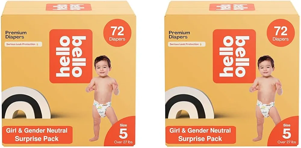 Hello Bello Premium Diapers, Size 5 (27+ lbs) Surprise Pack for Girls - 72 Count, Hypoallergenic with Soft, Cloth-Like Feel - Assorted Girl & Gender Neutral Patterns (Pack of 2)