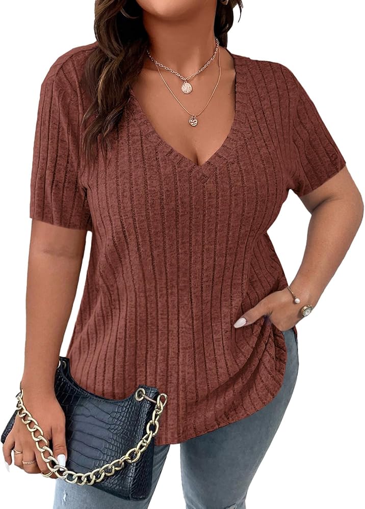 Koscacy Women's Plus Size Casual Tops V Neck Solid Color Shirts Lightweight Short Sleeve Blouses