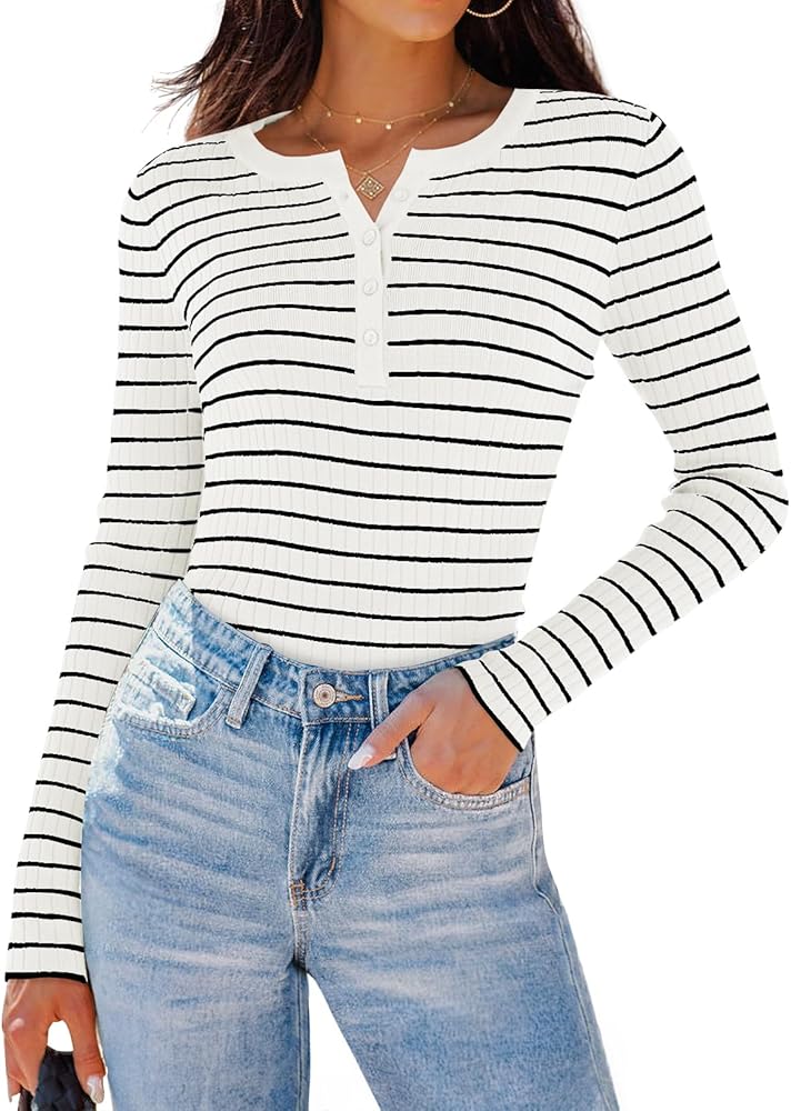 ZESICA Womens Long Sleeve Striped Shirts V Neck Button Up Sweater Casual Loose Basic Tops 2024 Trendy Fall Clothes