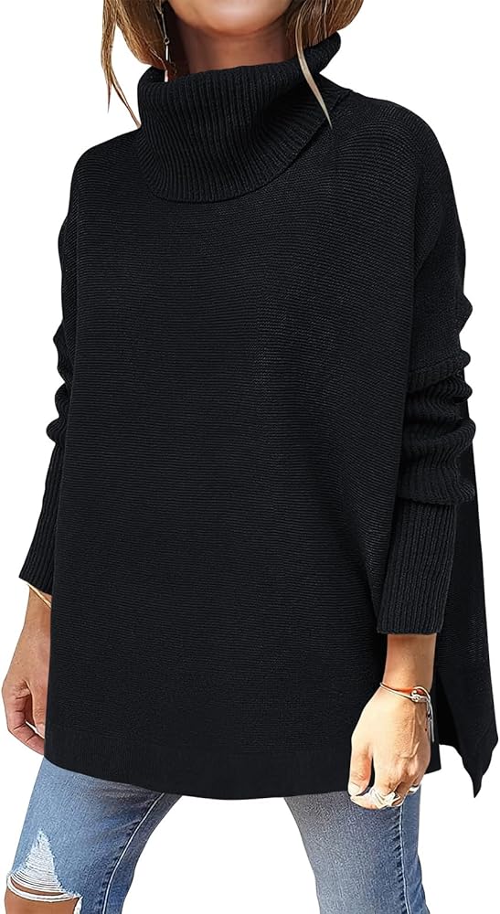 ANRABESS Women's Oversized Turtleneck Batwing Sleeve Spilt Casual Loose Knit Tunic Pullover Sweater Tops 2024 Fall Outfits