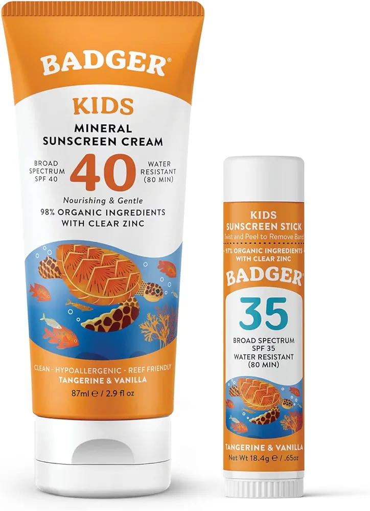 Badger Kids Mineral Sunscreen Combo, SPF 40 Cream and SPF 35 Face Stick, Reef Safe Broad Spectrum Water Resistant with Zinc Oxide, Tangerine and Vanilla