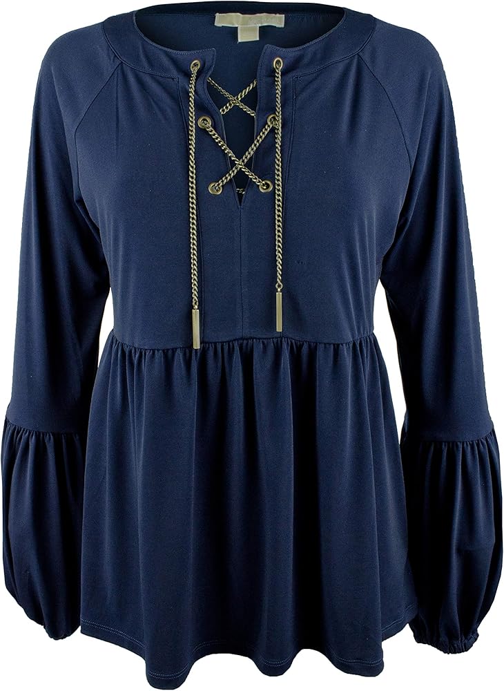 Women's Plus Chain Lace-Up Bell Sleeve Top-TN-0X True Navy