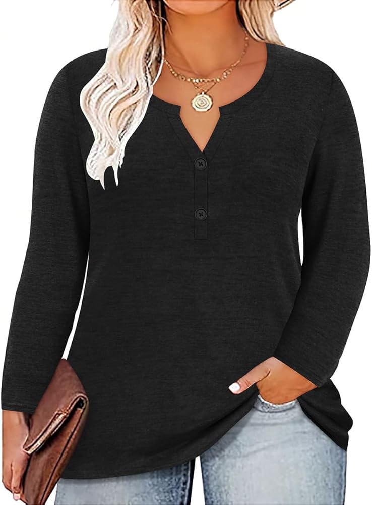 RITERA Plus Size Tops for Women Oversized Shirt Long Sleeve Crewneck Button Pullover Henley Tshirt