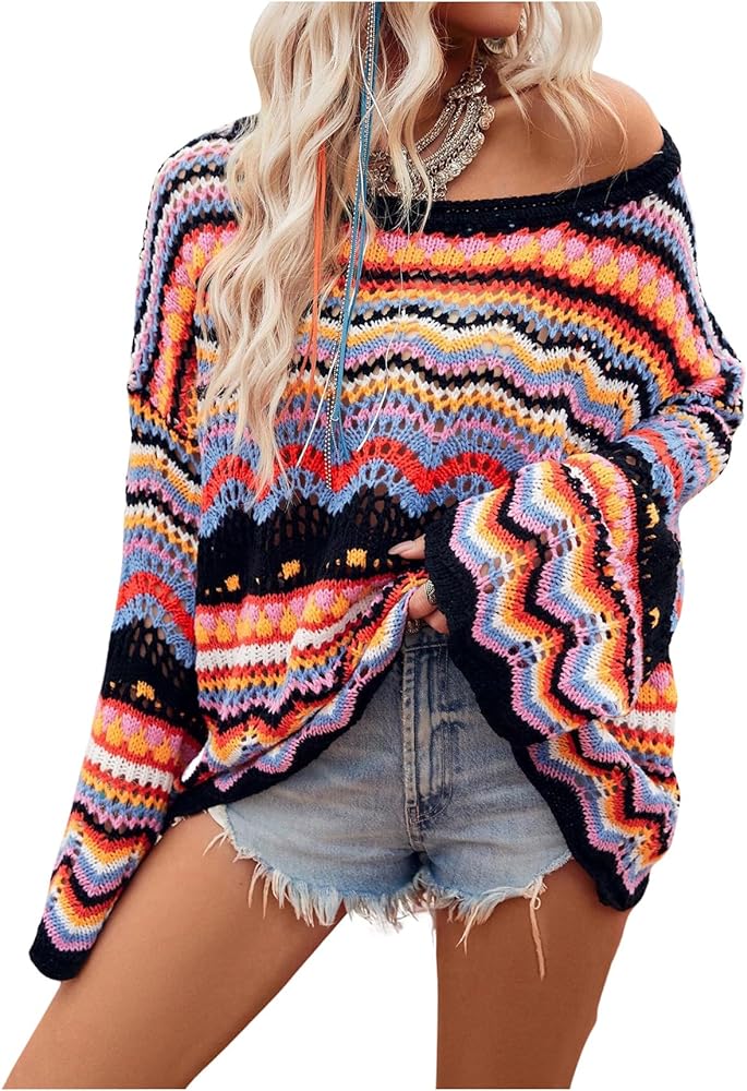 Floerns Women's Colorful Sweater Crochet Open Knit Long Sleeve Drop Shoulder Oversized Sweater