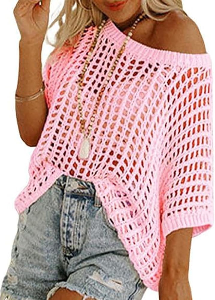 Chvity Women's Summer Crew Neck Short Sleeve Sweater Casual Off Shoulder Tops Hollow Out Crochet Coverups Pullover Knit Tops