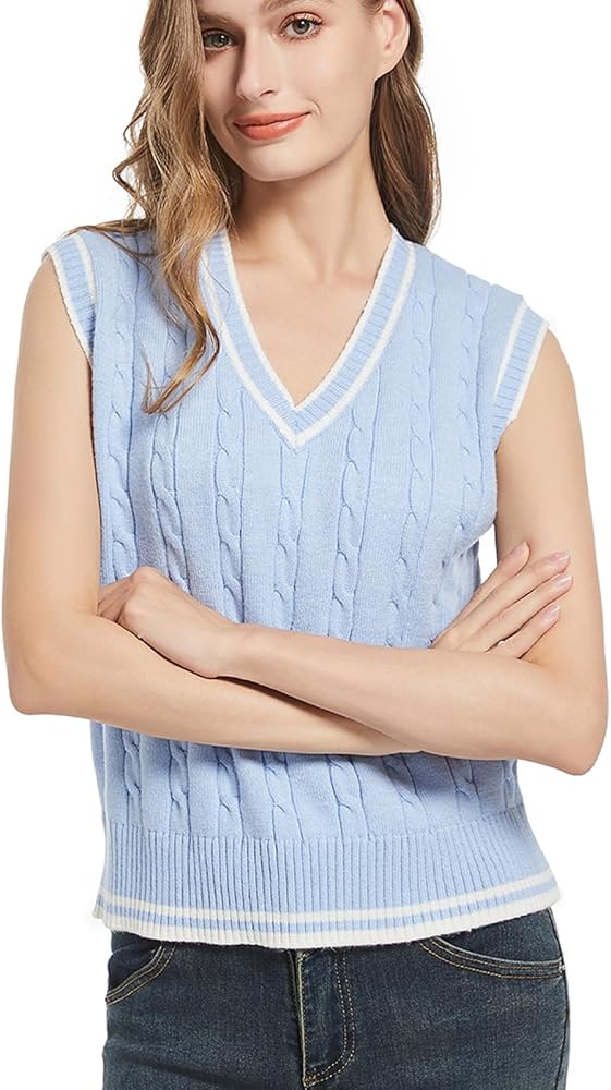 Womens V Neck Sweater Vest School Uniform Vest Striped Cable Knit Sleeveless Sweater Tops