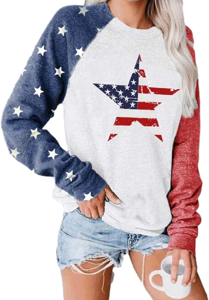 Womens Star Print Colorblock Shirt Long Sleeve American Flag 4th of July Pullvoer Blouse Tops