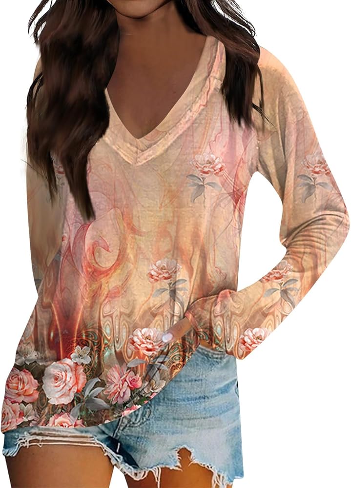 2024 Womens Clothes Women's Long Sleeve T-Shirt V-Neck Printed Casual Comfortabe Top