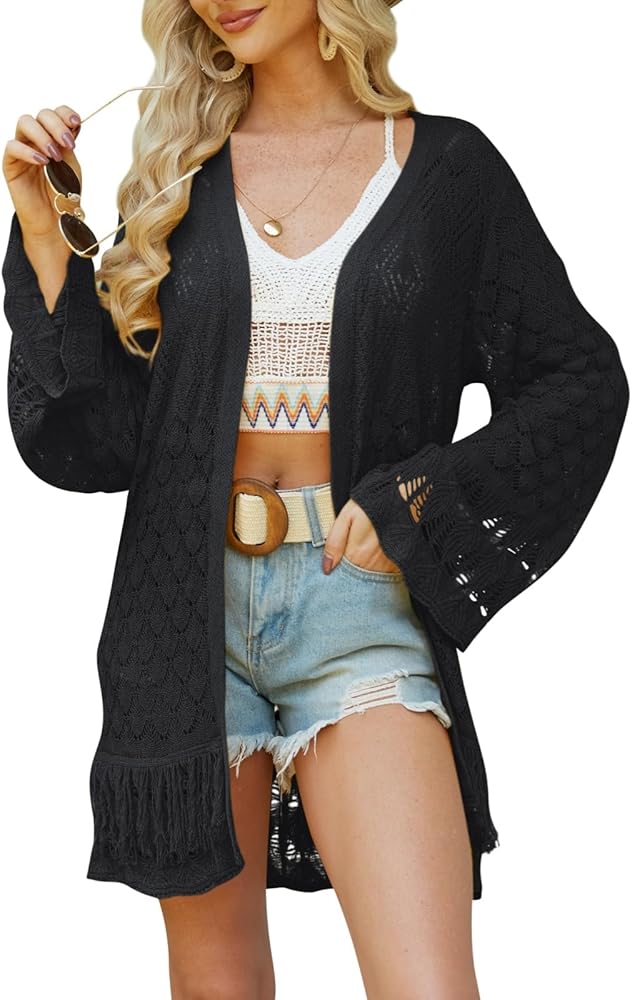 GRACE KARIN Crochet Cardigan 2024 Summer Lightweight Fringe Boho Kimonos Oversized Open Front Cover Up