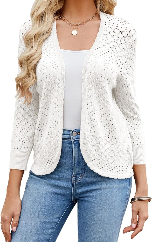 Women's 3/4 Sleeve Cropped Cardigan Sweaters Hollow Out Knit Shrugs Lightweight Sweater Tops