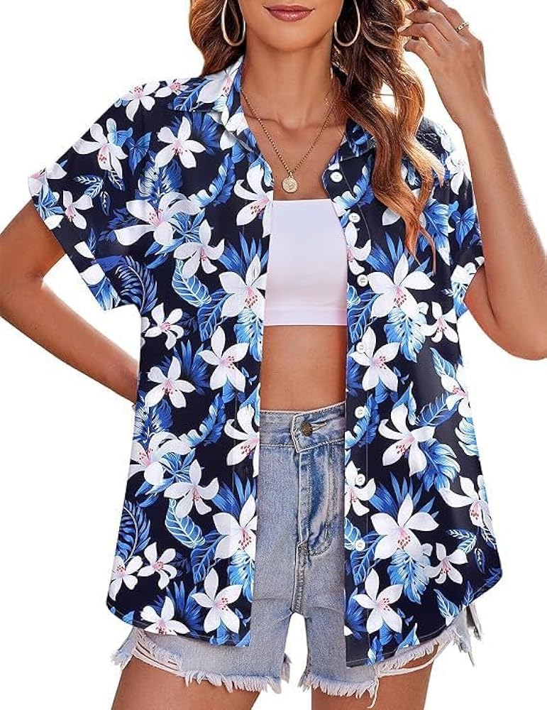 Hawaiian Shirts for Women Tropical Floral Tshirt Summer Beach Short Sleeve Blouses Tops