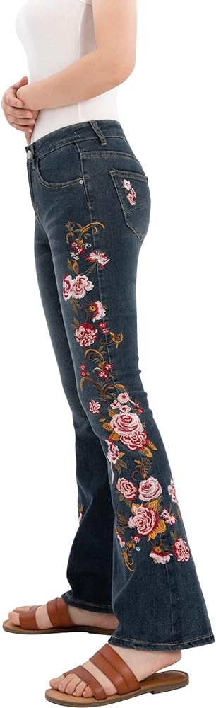 Women's Floral Embroidered Flare Bell Bottom Jeans,Vintage-Inspired Retro Denim Pants