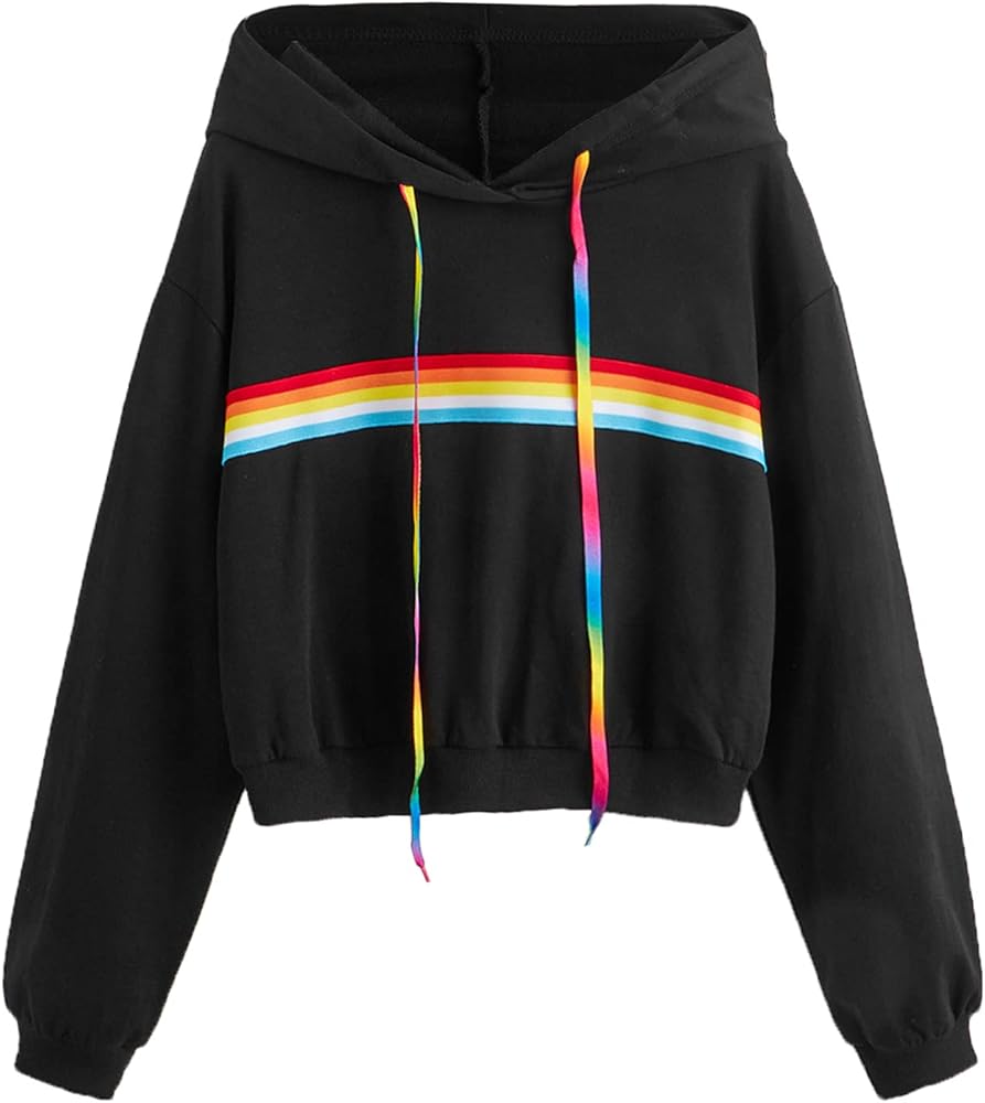 SweatyRocks Women's Long Sleeve Rainbow Stripe Sweatshirt Crop Top Hoodies