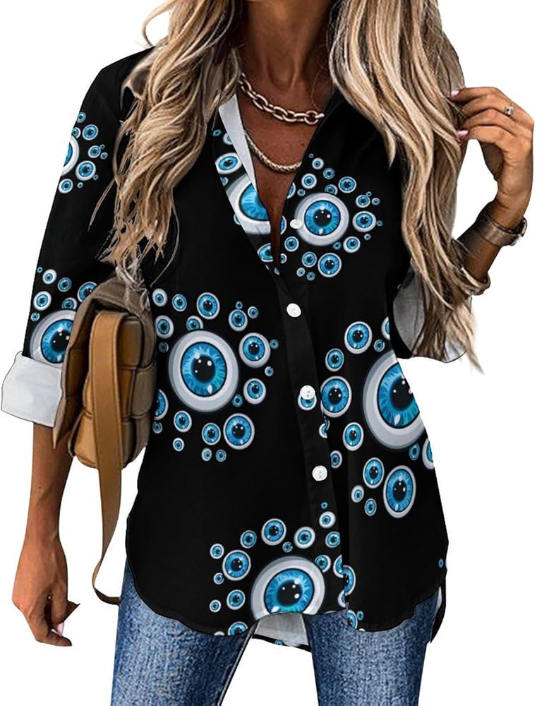 Turkish Blue Evil Eyes Womens Shirts Long Sleeve Button Down Blouse Casual T-Shirt Tops