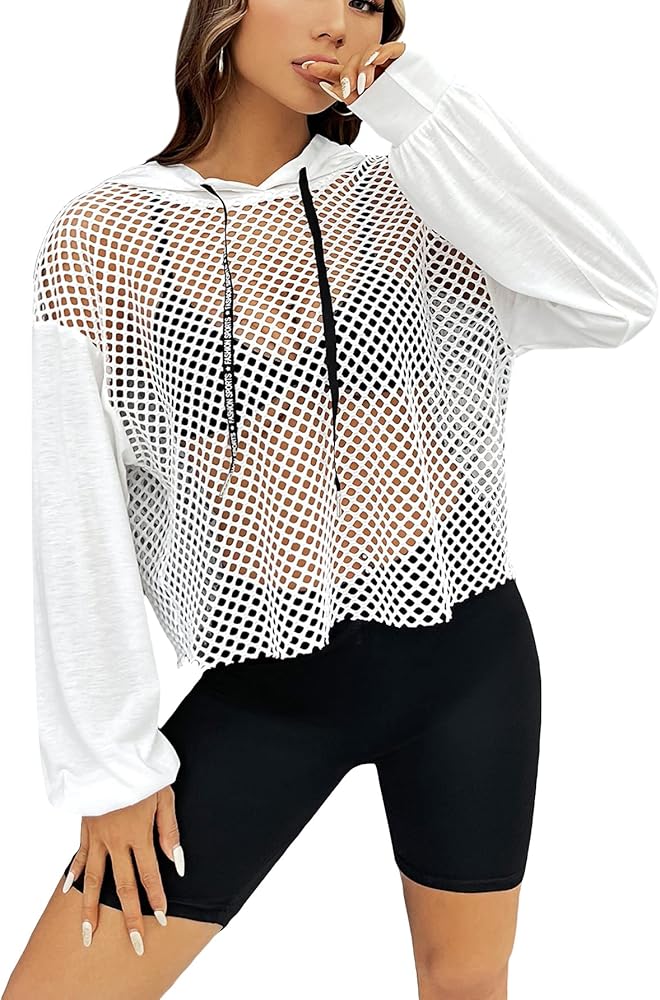 Verdusa Women's Sexy See Through Fishnet Long Sleeve Drawstring Hoodie Top Sweatshirt