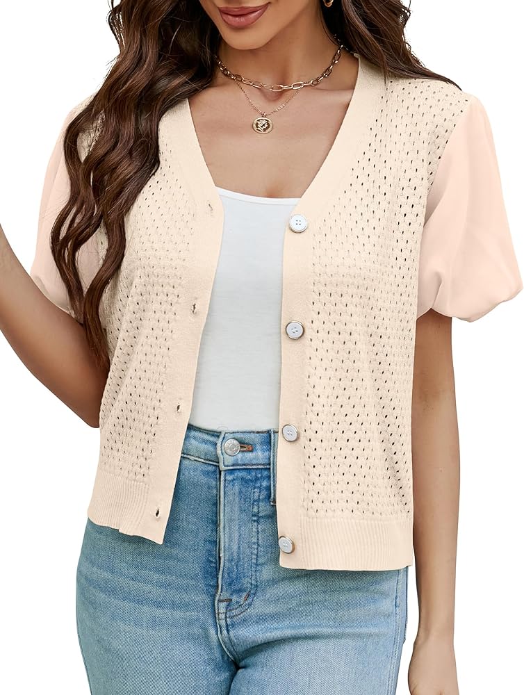 BBX Lephsnt Womens Short Sleeve Cardigan 2024 Trendy V Neck Hollow Out Cropped Cardigan Puff Sleeves Button Down Tops