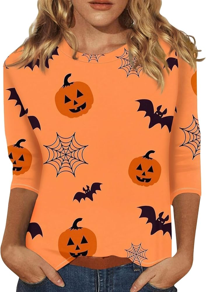 Womens Halloween Costumes 3/4 Sleeve Round Neck Loose Clothing Trendy Tops Graphic Tunics Printed Tees Casual Shirts