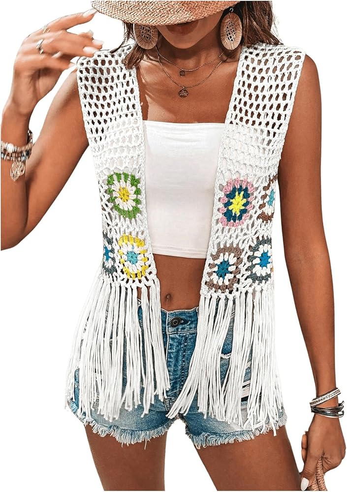 Verdusa Women's Floral Crochet Hollow Out Sleeveless Fringe Cardigan Vest