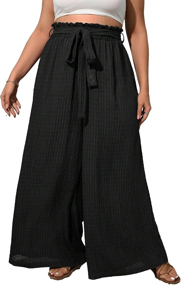 OYOANGLE Women's Plus Size Textured Paperbag Waist Wide Leg Pants Casual Loose Palazzo Trousers