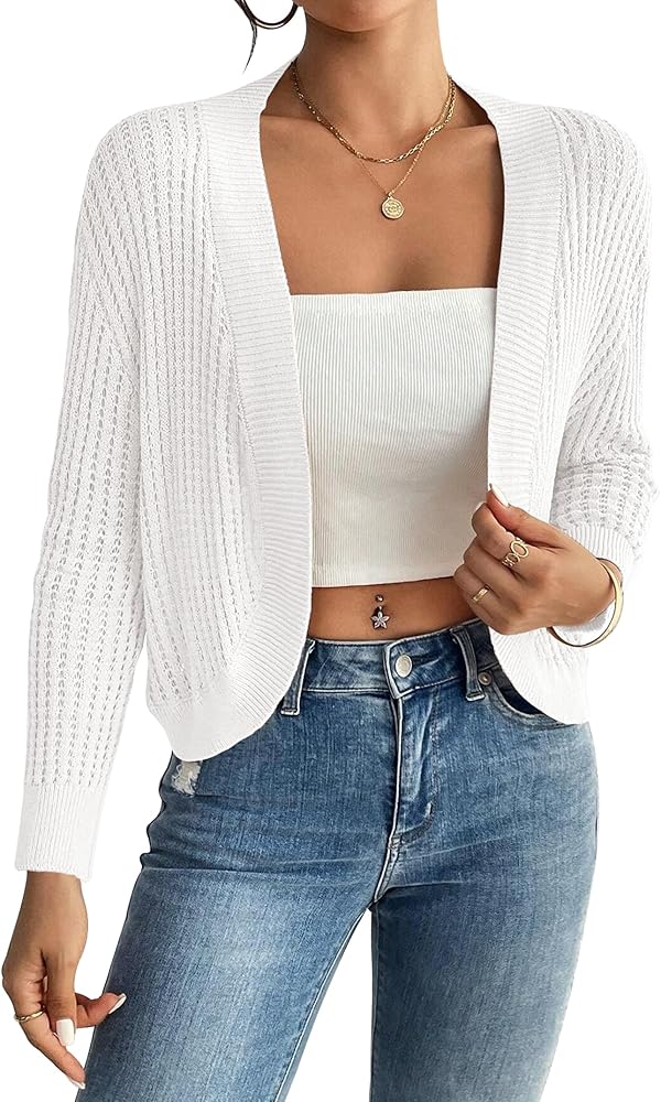 Women's Cropped Cardigan Lightweight Hollow Out Long Sleeves Crochet Summer Short Shrugs Cardigan Sweater