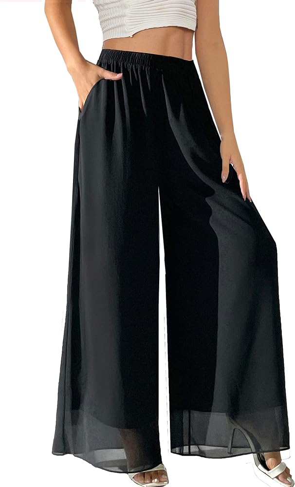 Fakanhui Women's Chiffon Wide Leg Palazzo Pants High Elastic Waist Casual Flowy Business Trousers