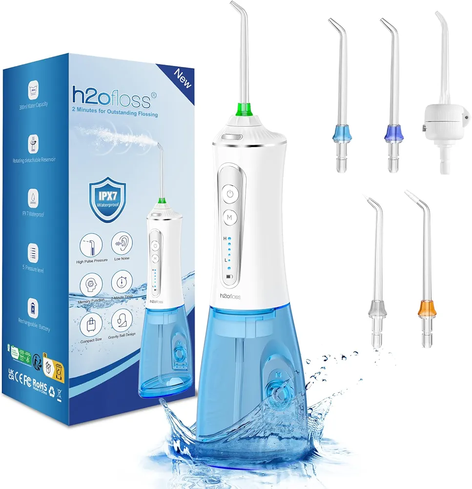 H2ofloss Water Dental Flosser for Teeth Cordless,300ML Portable & IPX7 Waterproof Teeth Cleaner Picks,5 Modes Rechargeable Oral Irrigator with Refilled Nozzle for Home/Travel