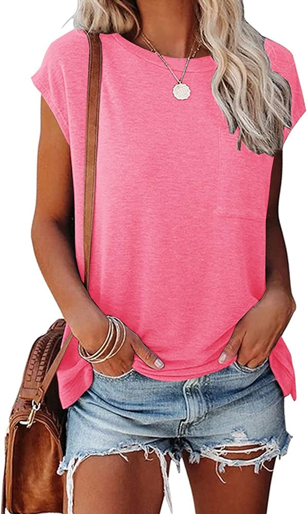 Smile Fish Womens Summer Short Cap Sleeve Shirts Solid Loose Fit Pocket Tunic Tops