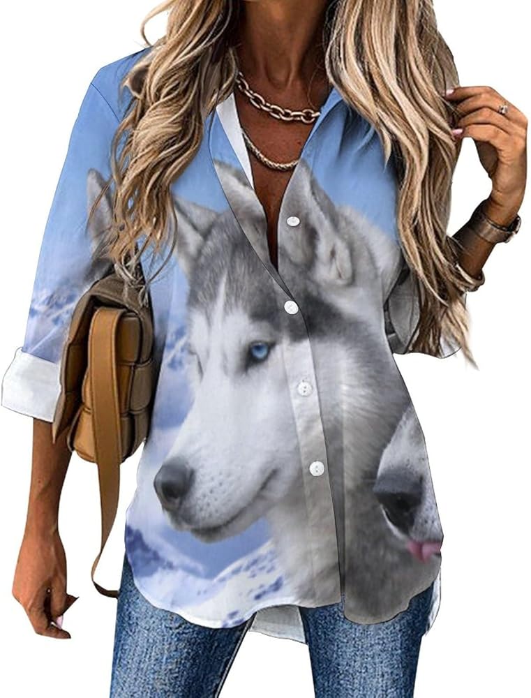 Siberian Huskies Classic Shirts for Women Long Sleeve Blouse Casual V Neck Tee Tops Work Office