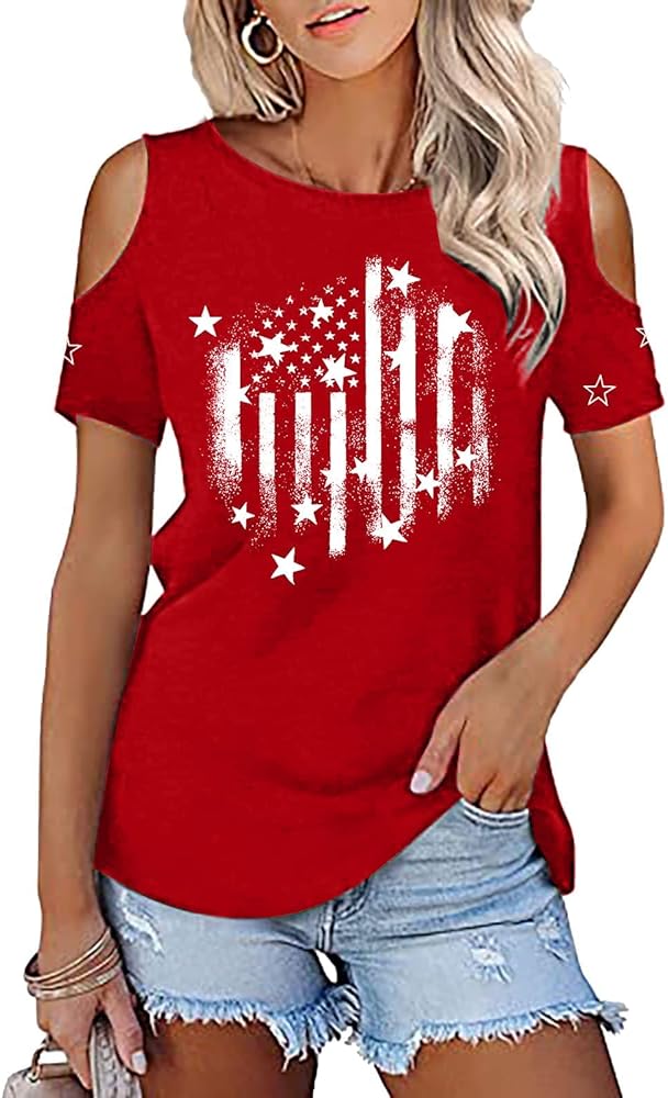 American Flag Shirt Women 4th of July Shirts Patriotic Cold Shoulder Tops Casual Graphic Tees Top