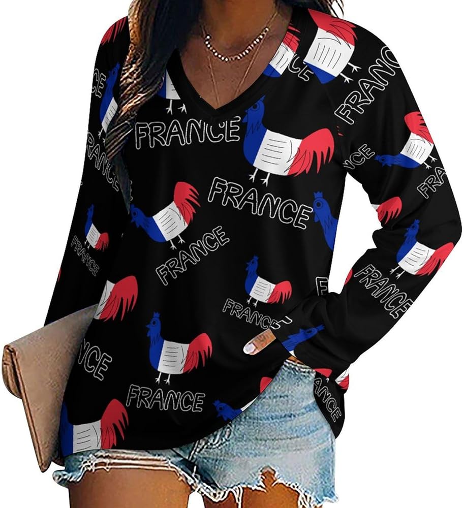 French Le Coq Gaulois Loose Womens Shirts Long Sleeve Tees Tops Casual V-Neck Graphic Blouses