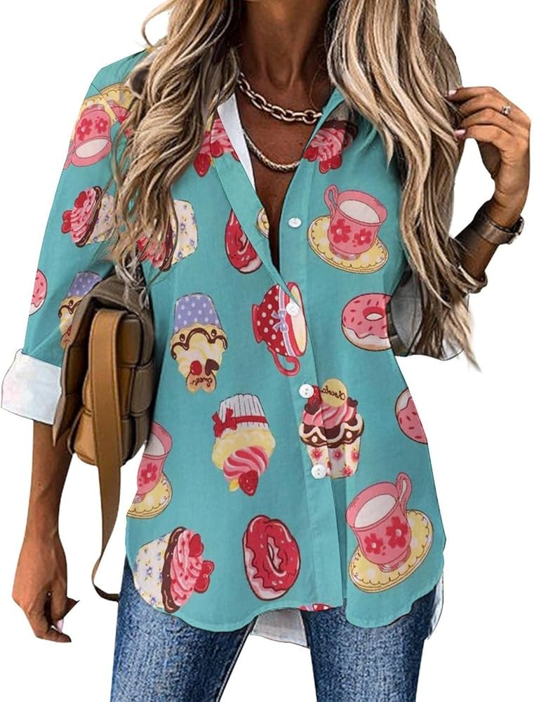 Sweet Cupcake Donut Classic Shirts for Women Long Sleeve Blouse Casual V Neck Tee Tops Work Office