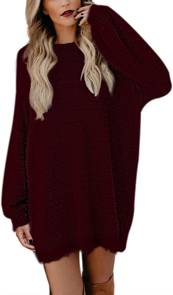 Meenew Women's Furry Pullover Sweater Dress Loose Oversized Long Knitted Tops