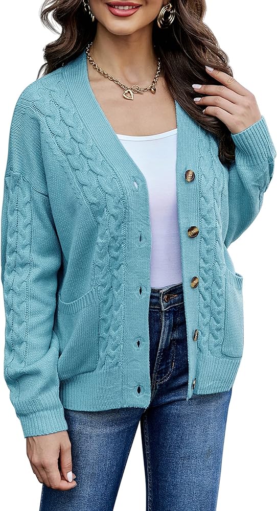 Women's Knitted Pattern Long Sleeve Sweater with Pocket Front Cardigan Button Loose Jacket