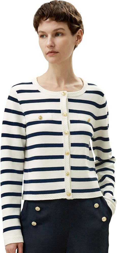 LilySilk 100% Merino Wool Cardigan for Women Basic Versatile Striped Button-Down Pullover Sweater for All Season