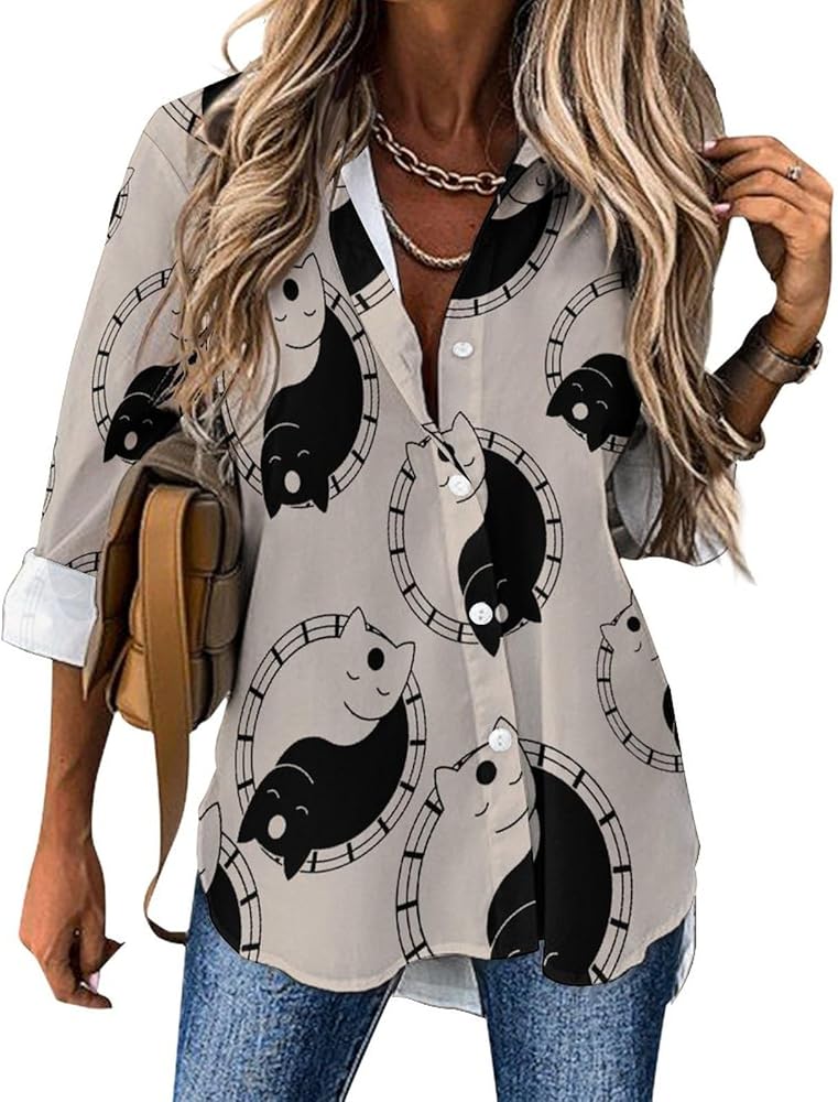 Yin and Yang Cute Cats Classic Shirts for Women Long Sleeve Blouse Casual V Neck Tee Tops Work Office