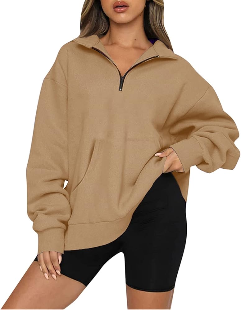 Women's Oversized Sweaters Long Sleeve Casual 1/4 Zip Up Pullover Tops Quarter Zipper Y2k Hoodie for Teen Girls 2023 Fall Fashion Aesthetic Clothes Plus Size Crewneck Sweatshirts(B Khaki,Large)