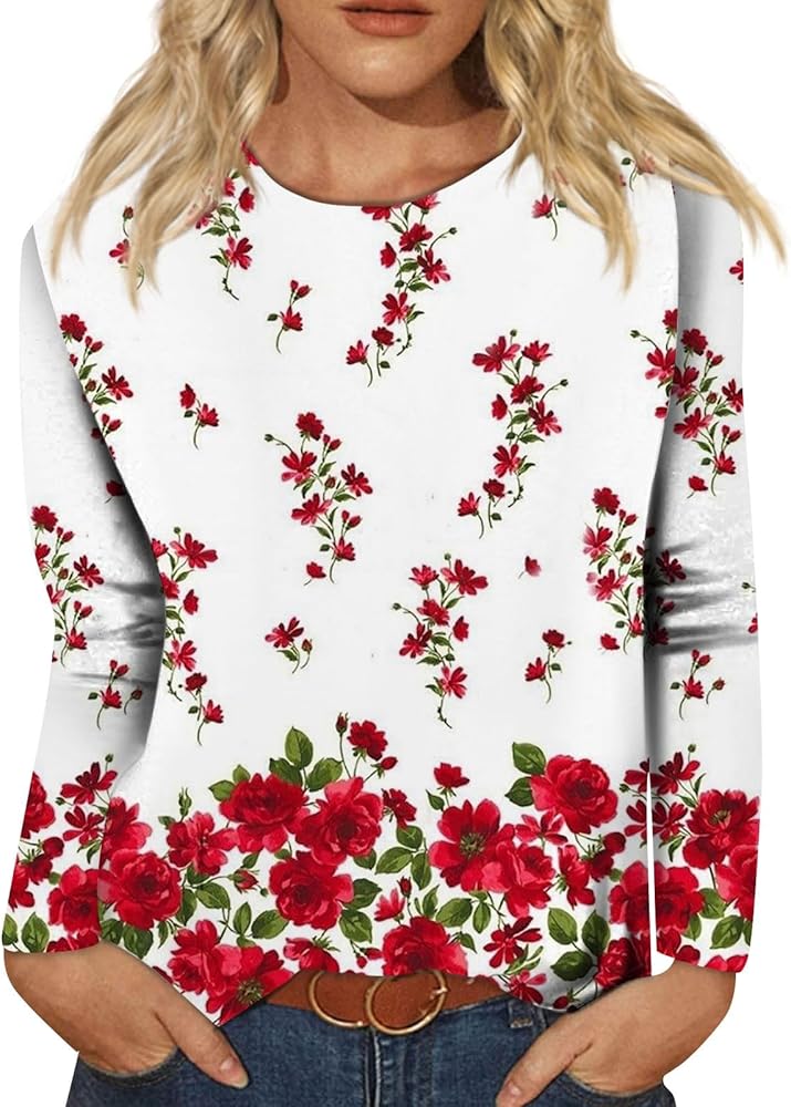 Shirts for Women Long Sleeves Crew Neck Basic Tops Vintage Flower Soft Pullover Sports Fan Vacation Blouses