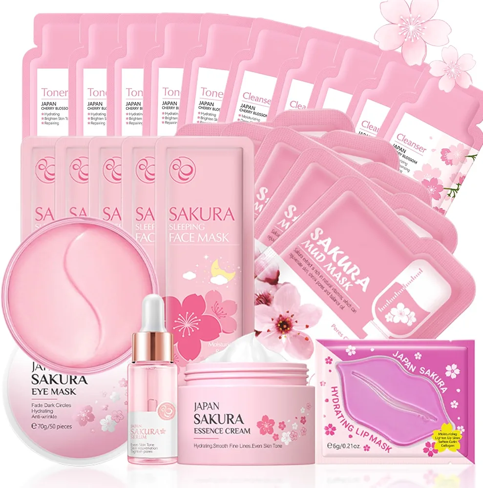 Skincare Set for Teenage Girls, Japan-Sakura Skin Care Products Set, Skin Care Sets & Kits, Cleanser, Toner, Serum, Cream, Sleep Mask,Eye Mask,Mud Mask,Lip Mask Beauty Products Daily Face Care 24PCS