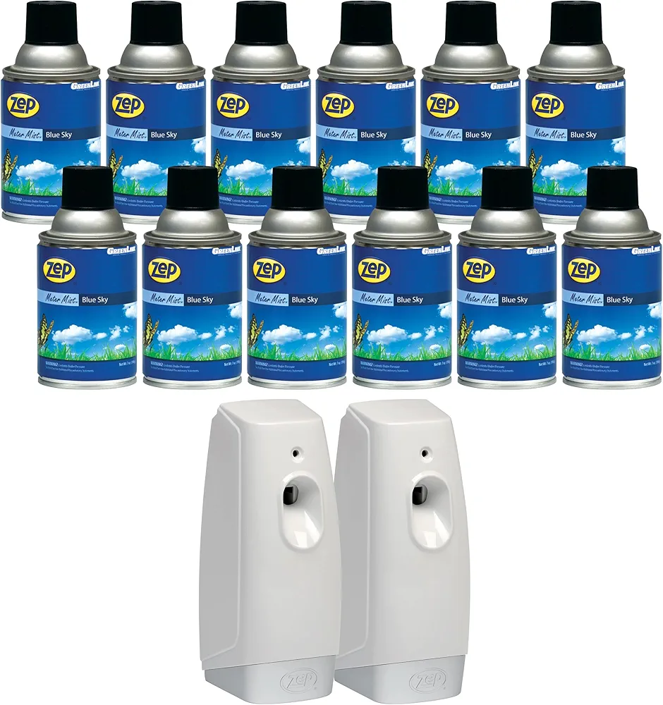 Zep Metered Mist Blue Sky Air Freshener Refill (Case of 12) with Meter Mist 3000 Ultra Dispenser (2 Pack) - 336201 - Lasts Up To 30 Days and Neutralizes Tough Odors