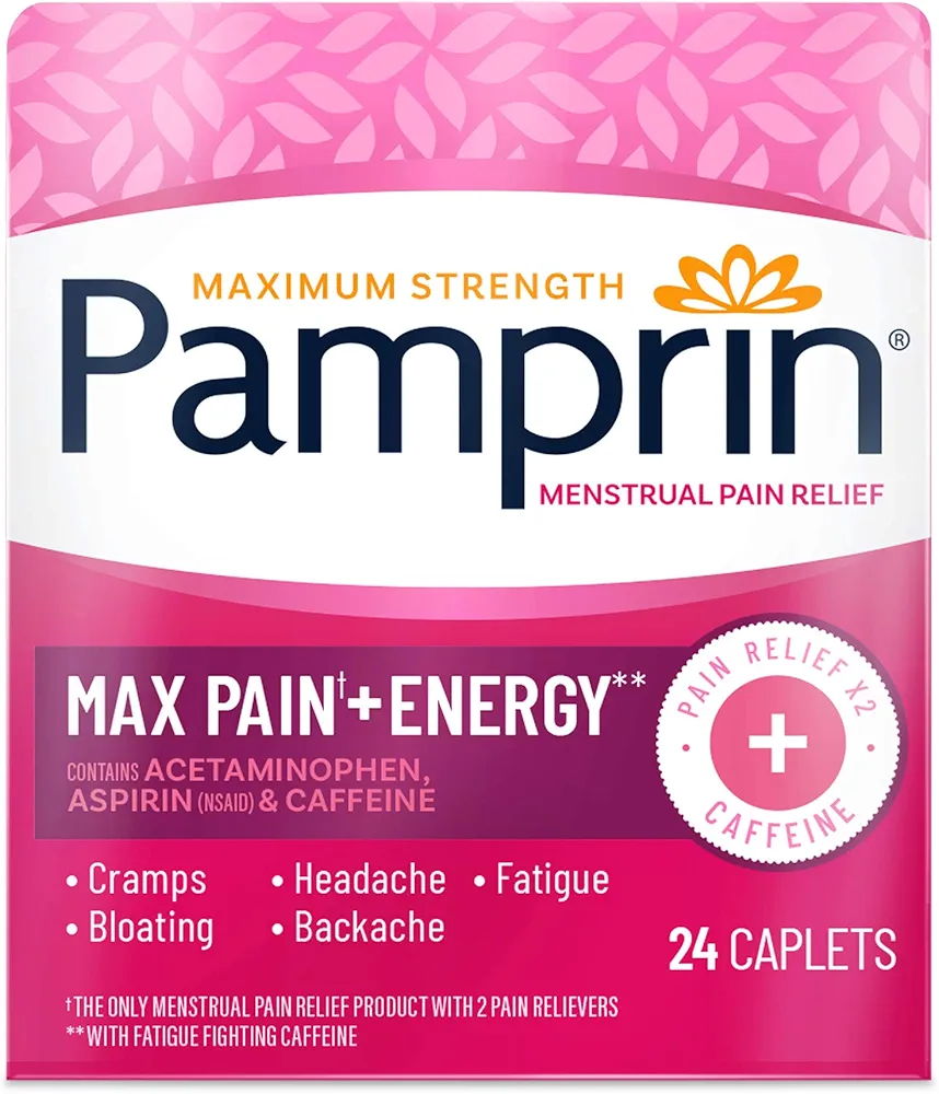 Pamprin Maximum Strength Max Formula, with Acetaminophen, Menstrual Period Symptoms Relief for Cramps, Headache, Pain and Bloating, 24 Caplets