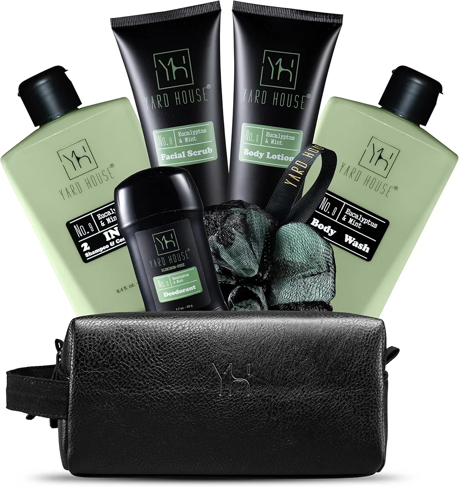 Mens Luxury Bath and Body Gift Set For Him - Skin Care Kit in Eucalyptus and Mint - Fathers Day Birthday Christmas Gifts Ideas For Men - 7Pcs Set w. Full Size Items in Leather Toiletry Bag