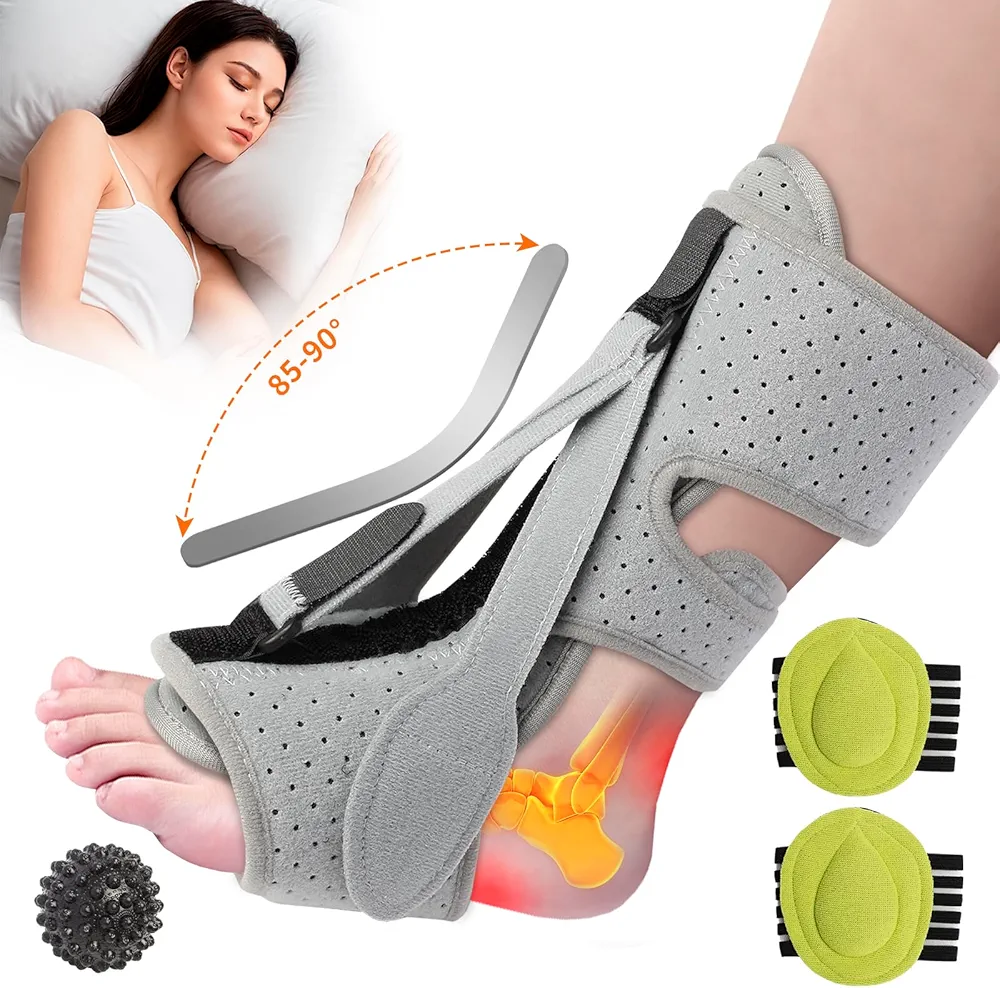 Plantar Fasciitis Night Splint, Adjustable Brace with 3 Straps for Plantar Fasciitis Relief, Alleviates Foot Drop, Achilles Tendonitis, Day & Night Use, Includes Massage Ball & 2 Arch Pads