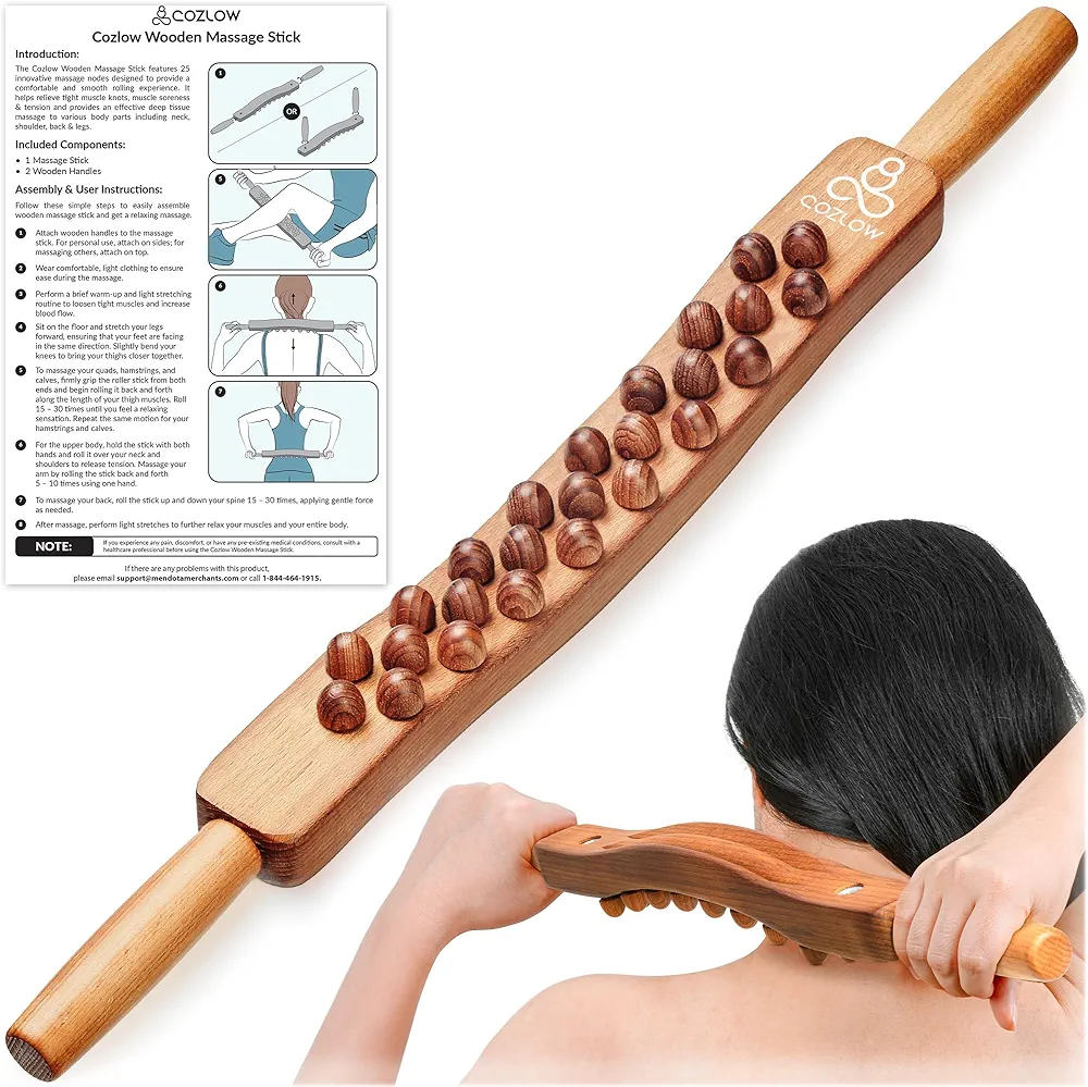 Guasha Wood Stick Massage Tool - Premium Wooden Massager w/ 25 Massage Beads for Body Sculpting, Fascia Release & Lymphatic Drainage - Deep Tissue Massage Therapy for Ultimate Pain Relief