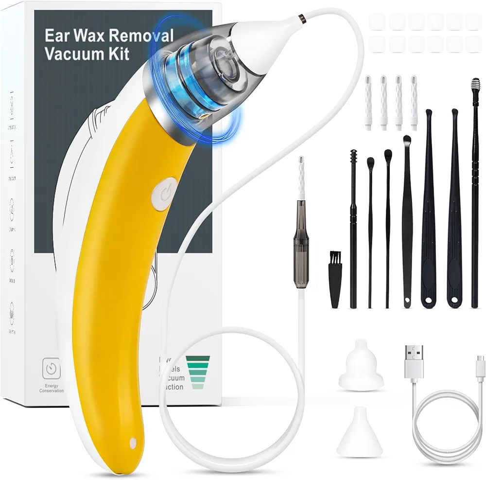 Ear Vacuum Wax Remove,Ear Wax Removal Tool, 5 Levels Strong Suction Ear Wax Remover, USB Charge Ear Wax Vacuum,Reusable Ear Wax Removal Kit,Electric Ear Wax Remover for Adults and Kids(Yellow)