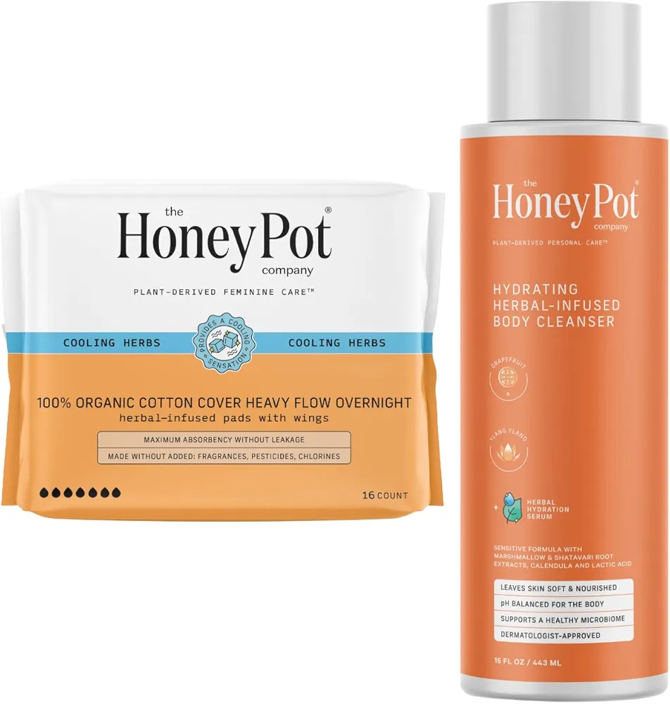 The Honey Pot Company - Heavy Overnight Pads & Grapefruit Body Cleanser Bundle - Pads Infused w/Essential Oils - Body Wash to Moisturize & Cleanse Skin - Sanitary Pads - Feminine Care - FSA & HSA