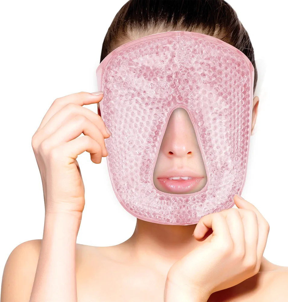 Hot and Cold Therapy Gel Bead Full Facial Mask by FOMI Care | Ice Face Mask for Migraine Headache, Stress Relief | Reduces Eye Puffiness, Dark Circles | Fabric Back (Full Face w/o Eye Holes Pink)