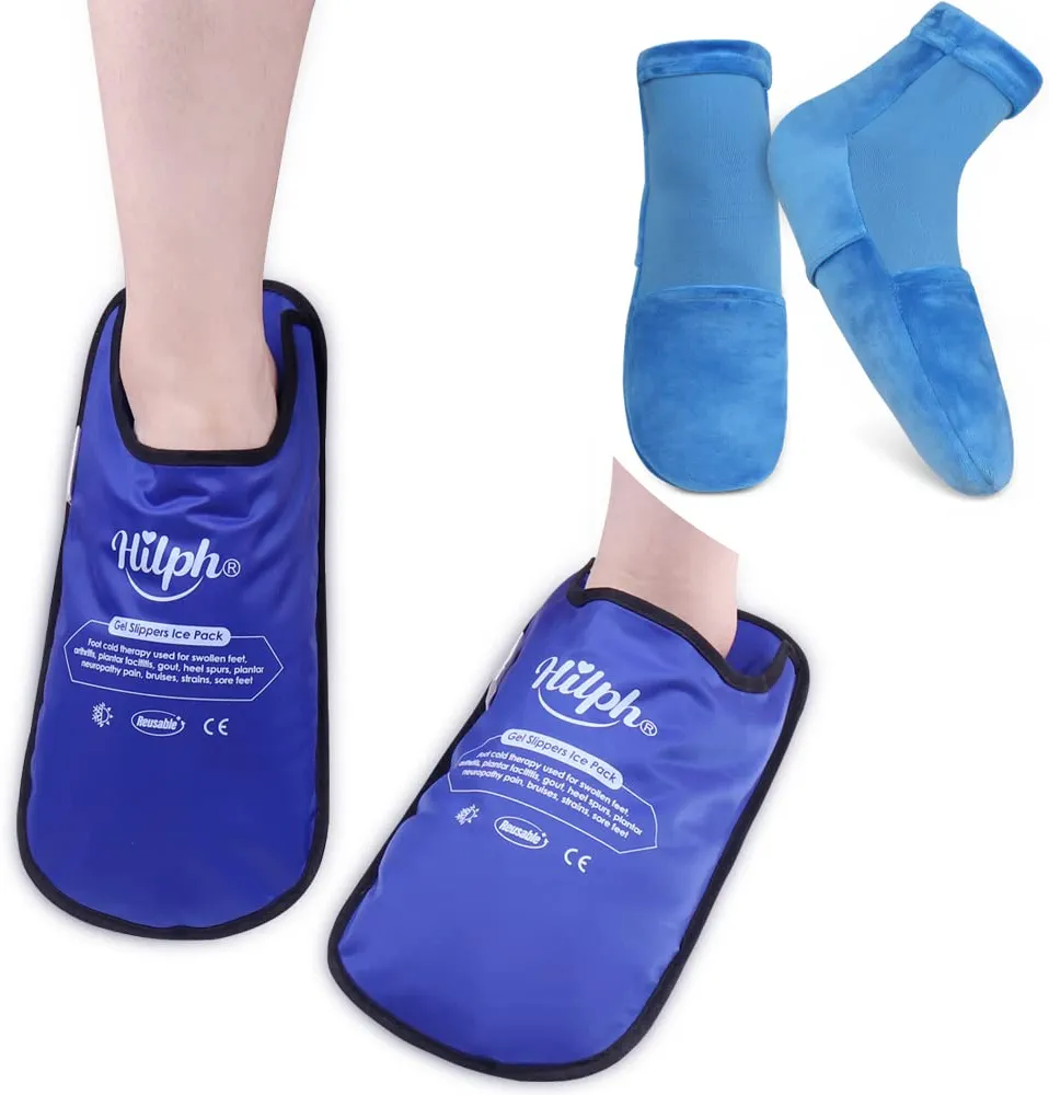 Hilph Bundle of 2 Foot Ice Pack Slippers + 2 Cold Therapy Socks Cooling Gel Socks for Plantar Fasciitis