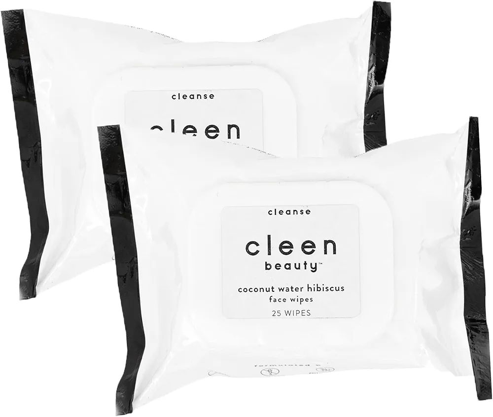 Cleen Beauty Coconut Water Hibiscus Face Wipes l Hydrating Facial Cleansing Makeup Remover l Biodegradable Face Wash Cloth l 2 Pack